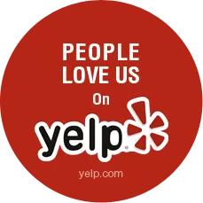 A red circle with the words people love us on yelp.