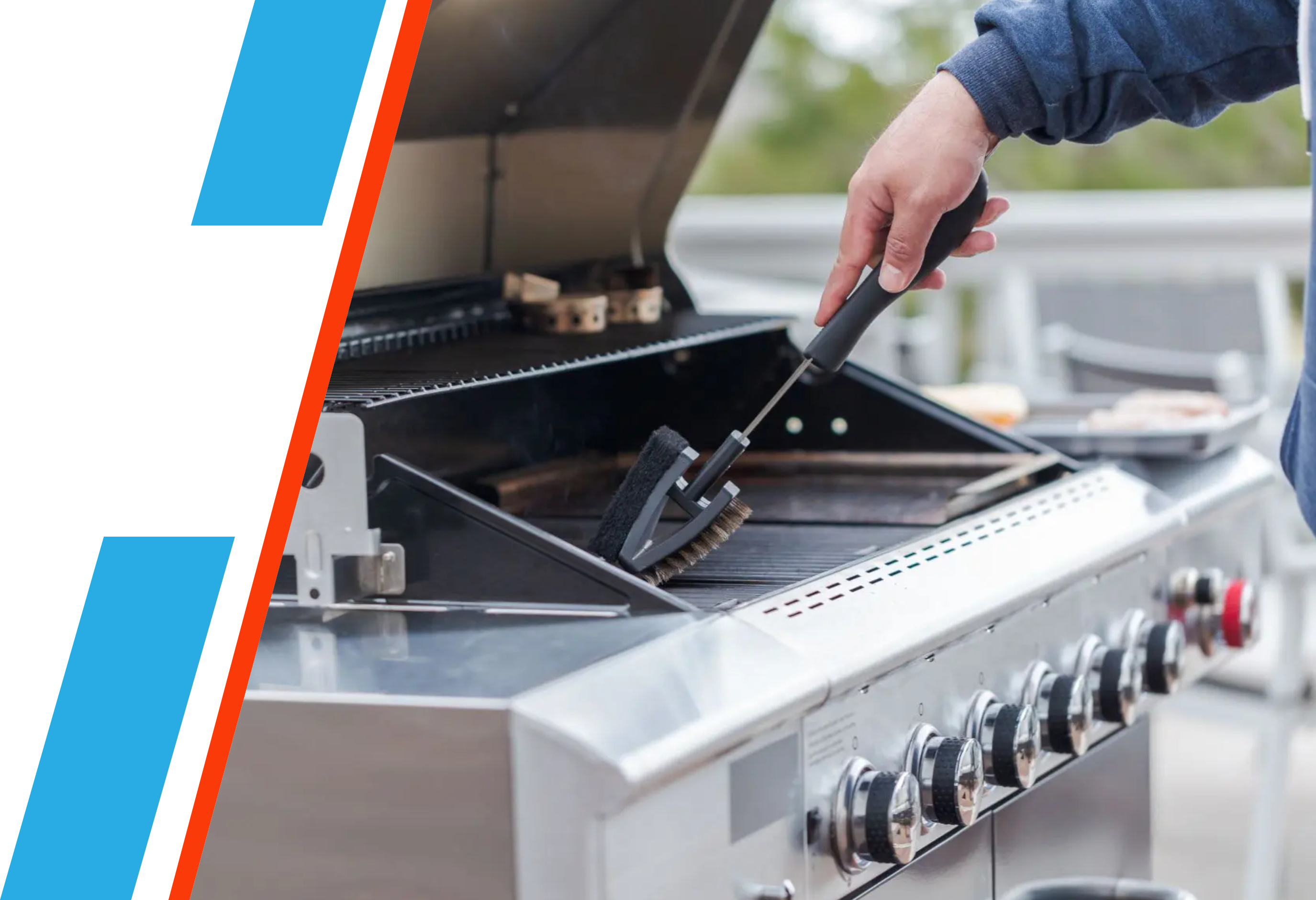 A person cleaning the grill of an outdoor bbq.